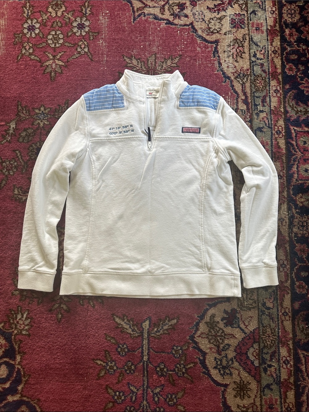 Vineyard Vines White (ACK) Pullover Sweatshirt with Light Blue Shoulder Panels